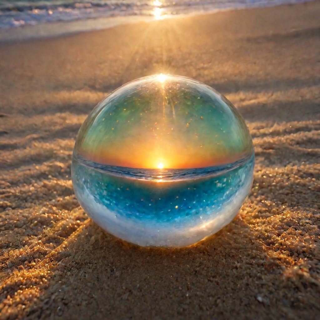 macrophotography,extreme close up of (perfectly spheric glass ball) partially buried in sand beach at sunset, Sunset beams on the windblown sand through glass, <lora:EnvyRefractionXL01:1>, This should be a ((masterpiece)) with a ((best_quality)) in ultra-high resolution, both ((4K)) and ((8K)), incorporating ((HDR)) for vividness. It uses a ((Kodak Portra 400)) lens for timeless, professional quality. Emphasizes a ((blurred background)) with a touch of ((bokeh)) and ((lens flare)) for an artistic effect. Enhance ((vibrant colors)) for a vivid look. Make sure the photograph is ((ultra-detailed)) and shows ((absurd)) details. Pay special attention to capturing the ((sadness)) of the subject. The goal is to create a ((professional photograph)) that is visually stunning and technically excellent, fluorescent dust, glowing dust