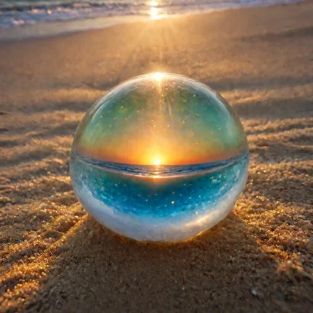 macrophotography,extreme close up of (perfectly spheric glass ball) partially buried in sand beach at sunset, Sunset beams on the windblown sand through glass, <lora:EnvyRefractionXL01:1>, This should be a ((masterpiece)) with a ((best_quality)) in ultra-high resolution, both ((4K)) and ((8K)), incorporating ((HDR)) for vividness. It uses a ((Kodak Portra 400)) lens for timeless, professional quality. Emphasizes a ((blurred background)) with a touch of ((bokeh)) and ((lens flare)) for an artistic effect. Enhance ((vibrant colors)) for a vivid look. Make sure the photograph is ((ultra-detailed)) and shows ((absurd)) details. Pay special attention to capturing the ((sadness)) of the subject. The goal is to create a ((professional photograph)) that is visually stunning and technically excellent, fluorescent dust, glowing dust
