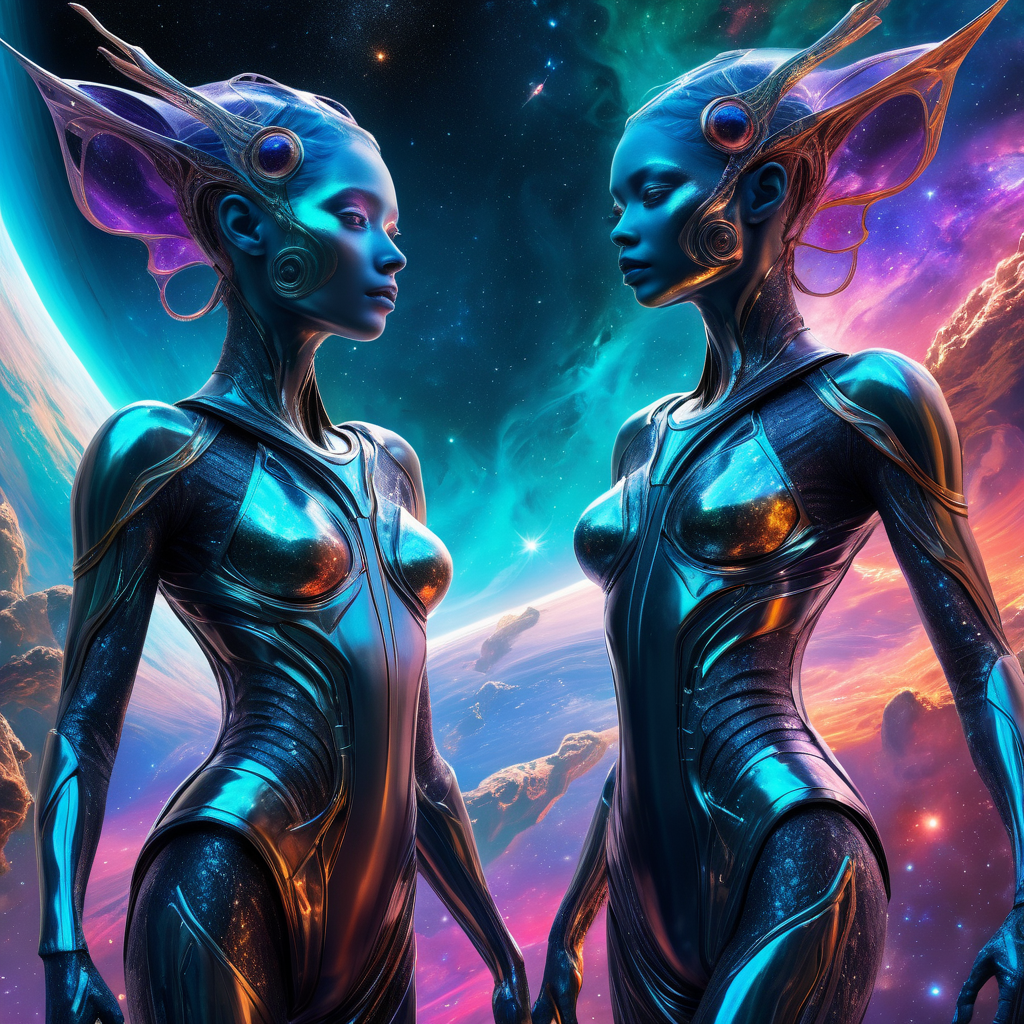 ((best quality)), ((masterpiece)), ((realistic,digital art)), (hyper detailed), Post-apocalyptic of Nebula nymphs- Ethereal beings with flowing, shimmering garments reflecting nebula colors. , Aerospace engineer, duality
