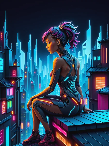 woman sitting on a roof looking over the futuristic city at night, glowing papercut, mad-cybrpprct2, cyberpunk, alley, neon lights <lora:Neon_Cybepunk_Papercut_2_SDXL:0.7>, (masterpiece:1.2), best quality, (hyperdetailed, highest detailed:1.2), high resolution textures