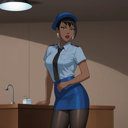 <lora:vixendcau_pony_v1:.8> VixenSports, 1girl, very dark skin, dark-skinned female, short hair, black hair, large breasts, makeup, lipstick,lips,  cowboy shot,   <lora:0820 tokisaki kurumi policewoman fan costume_v1_pony:1> ruanyi0820,black necktie,blue hat,blue shirt,blue skirt,black pantyhose,short sleeves,pencil skirt