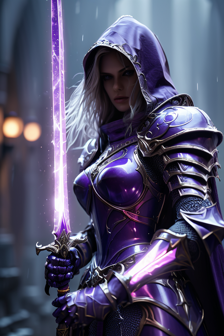 Cinematic shot of a hooded female knight wearing purple armor, holding glowing sword by the handle, sword pointing down, heaven in background, raining reflective light, HKStyle, HD, masterpiece, best quality, hyper detailed, ultra detailed, super realistic