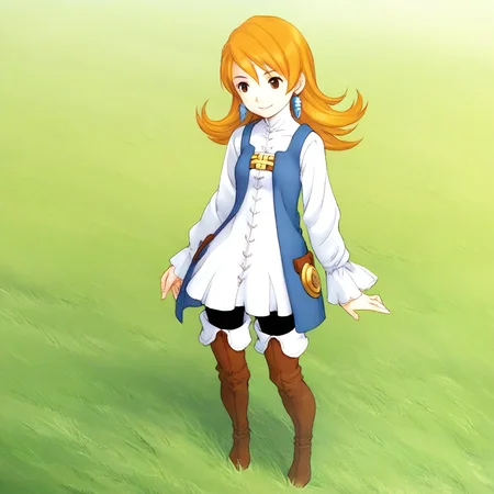 masterpiece, best quality, absurdres, official art, 1girl, solo, female focus, F_F_T_R, orange hair, long hair, flipped hair, earrings, brown eyes, R_F_L, white dress, long sleeves, blue vest, black pantyhose, thigh boots, fold-over boots, full body, standing, arms at sides, plains, grass, smile