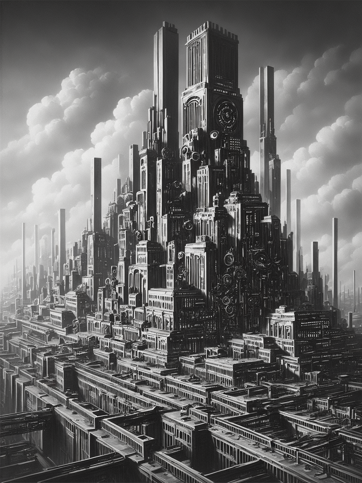 score_9, score_8_up, score_7_up, factory,  futuristic, stylized, art deco, expressionist, 1920s, black and white <lora:Metropolis_Movie_Style_Pony:0.8>