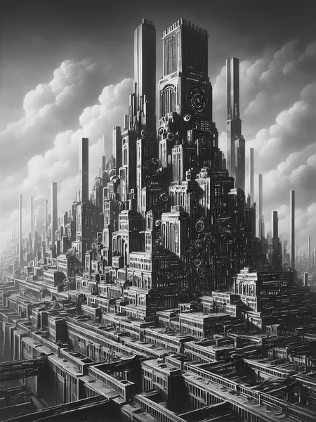 score_9, score_8_up, score_7_up, factory, futuristic, stylized, art deco, expressionist, 1920s, black and white <lora:Metropolis_Movie_Style_Pony:0.8>