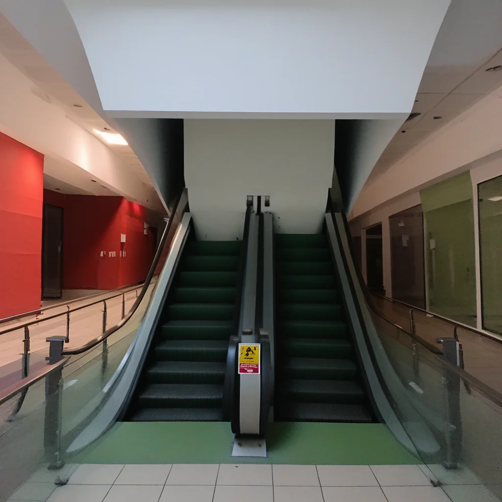 empty mall, photograph, a defunct escalator with green floor tiles and red walls