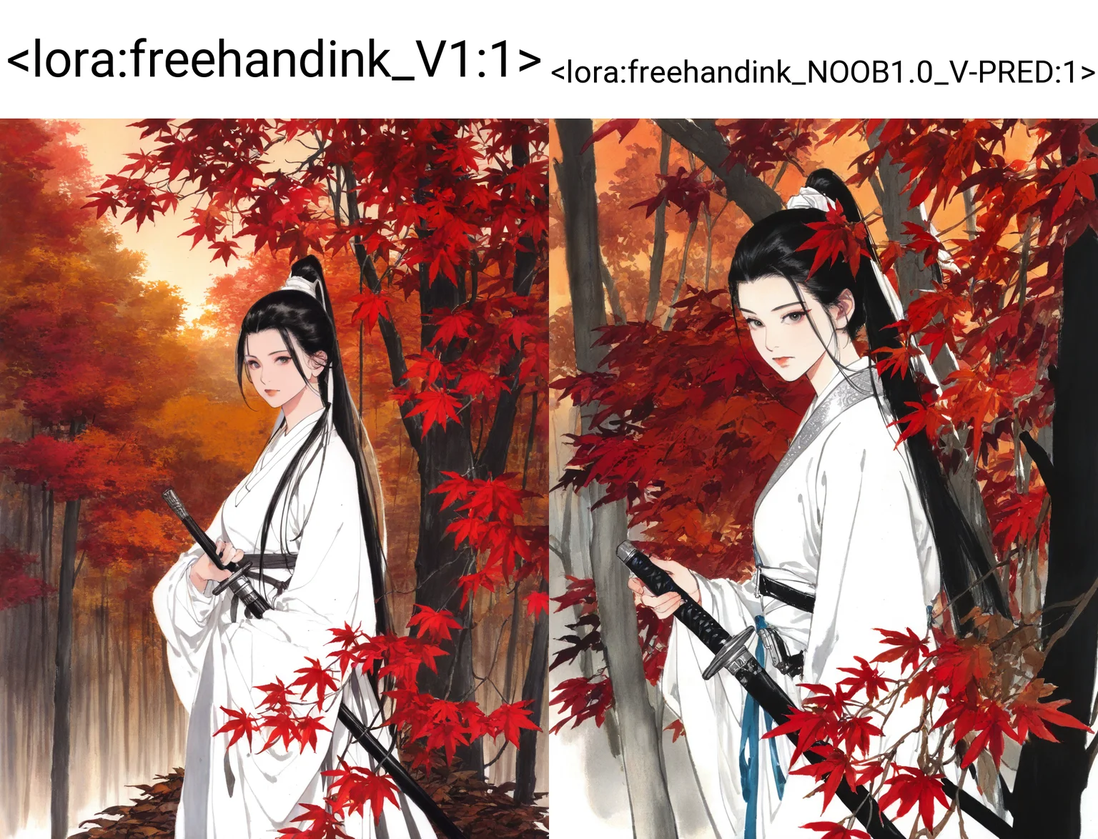 autumn leaves, autumn,forest, dusk, red flower, leaf piles
1girl, solo, long hair, looking at viewer, expressionless, closed mouth,
black hair, long sleeves, ponytail, white hanfu,
holding sword, sheath, from side, (closed-up:1.2),
traditional media,
masterpiece, absurdres,
<lora:freehandink_V1:1>
<lora:hand 5.5:1>