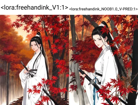 autumn leaves, autumn,forest, dusk, red flower, leaf piles
1girl, solo, long hair, looking at viewer, expressionless, closed mouth,
black hair, long sleeves, ponytail, white hanfu,
holding sword, sheath, from side, (closed-up:1.2),
traditional media,
masterpiece, absurdres,
<lora:freehandink_V1:1>
<lora:hand 5.5:1>