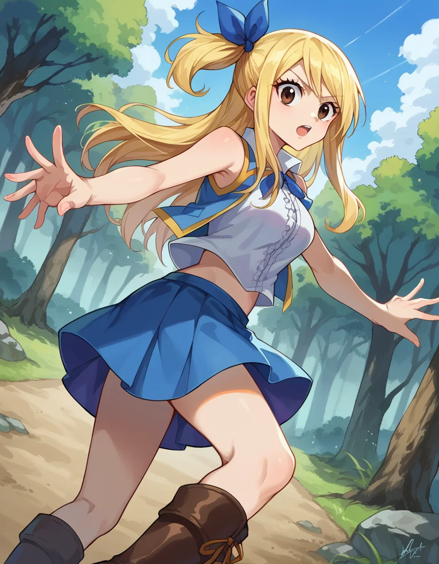 score_9, score_8_up, score_7_up, source_anime,
lucyheartfilia, <lora:lucy-heartfilia-ponyxl-lora-nochekaiser:1>,
lucy heartfilia, blonde hair, brown eyes, one side up, ribbon, hair ribbon, blue ribbon, long hair,
skirt, shirt, bare shoulders, boots, sleeveless, blue skirt, sleeveless shirt, white shirt, zipper,
outdoors, forest, nature,
looking at viewer, cowboy shot, dutch angle, dynamic pose,