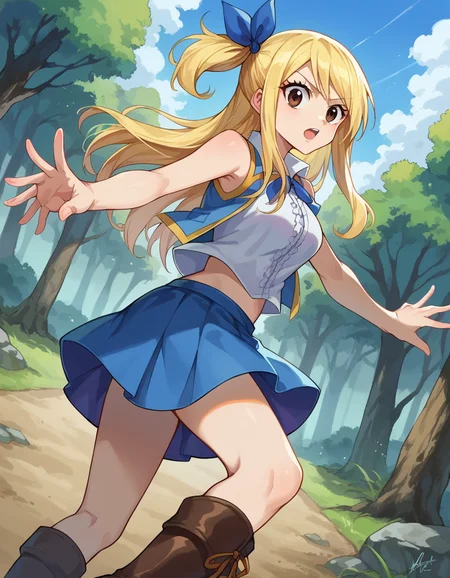 score_9, score_8_up, score_7_up, source_anime,
lucyheartfilia, <lora:lucy-heartfilia-ponyxl-lora-nochekaiser:1>,
lucy heartfilia, blonde hair, brown eyes, one side up, ribbon, hair ribbon, blue ribbon, long hair,
skirt, shirt, bare shoulders, boots, sleeveless, blue skirt, sleeveless shirt, white shirt, zipper,
outdoors, forest, nature,
looking at viewer, cowboy shot, dutch angle, dynamic pose,