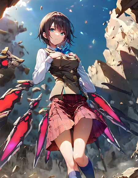 <lora:pony_xl_aoi:0.9>,aoi,score_9,score_8_up,score_7_up,source_anime,best quality,masterpiece,super fine illustration,1girl,solo,school uniform,vest,white collared shirt,long sleeves,blue bowtie,red skirt,plaid skirt,blue knee high socks,loafers,brown footwear,mechanical wings,outdoor,rubble_ruins,cowboy_shot,standing,hands_on_own_chest,