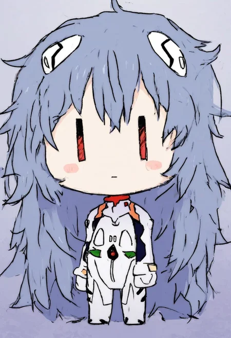 score_4,score_5,score_6,score_7_up,score_8_up,score_9 ((masterpiece,best quality,ultra detailed,highres,HD,4k:1.2)), 
1 girl,solo,face focus,
chibi,full body,deformed,| |,
ayanami_rei,rei ayanami, blue hair, ((long hair, Messy Hair:1.2)),red eyes, head gear, 
bodysuit, headgear, plugsuit, neon_genesis_evangelion, white bodysuit, 
closed mouth,blush,Expressionless,