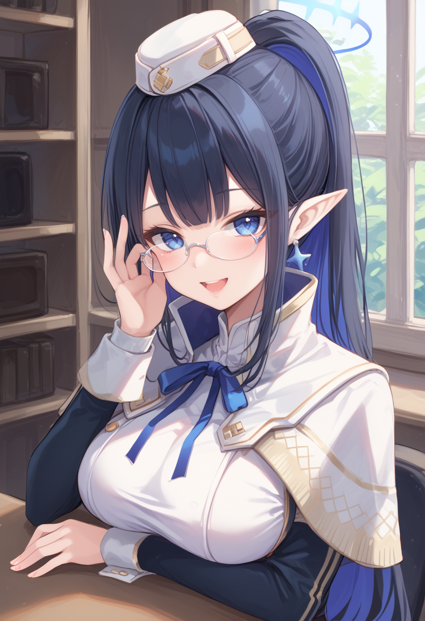 (score_9:0.9),score_8_up,score_7_up,rating_safe,(zPDXL),<lora:hub lass and Brigade Armor ponyXL v1.2:0.76>,brigade clothes,1girl,solo,open mouth,smile,blush,:d,upper body,white hat,blue neck ribbon,white capelet,white clothes,<lora:rin_blue_archive:1>,pointy ears,rin ba,colored inner hair,black long sleeves,glasses,large breasts,adjusting eyewear,black hair,blue archive,indoors,