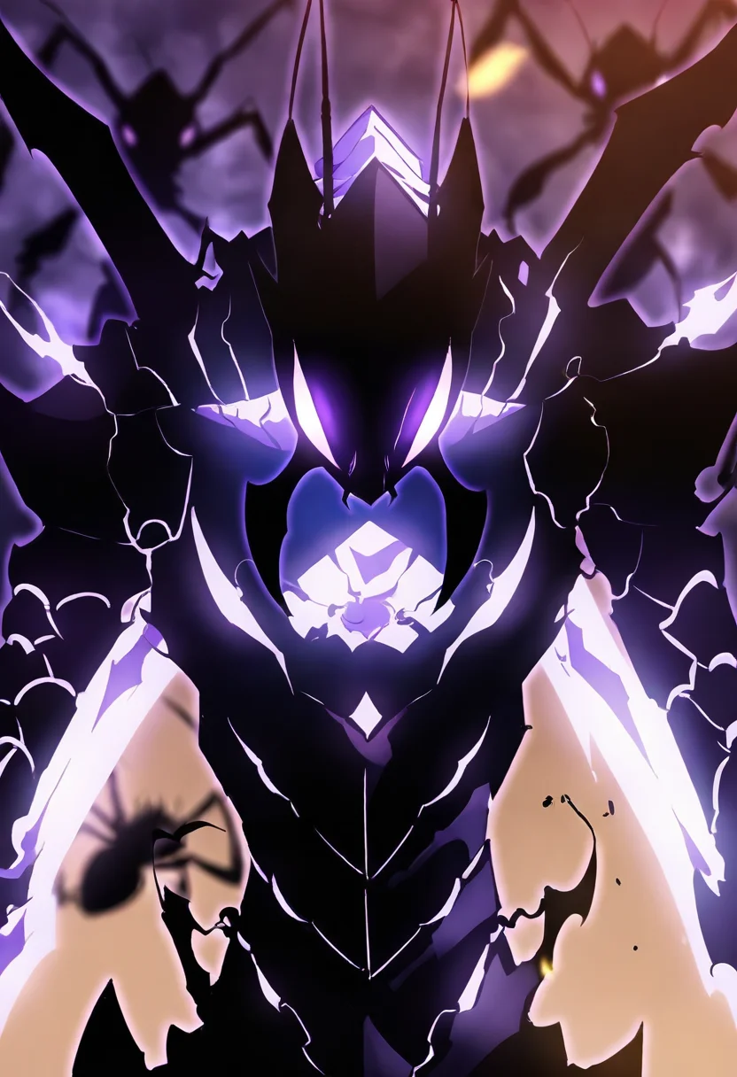 8K, depth of field, focused subject, best quality, <lora:solo_leveling_by_readandsign_fin-000014:1>,
rf64u, beru, monster, black ant, purple eyes, upper body, male focus, teeth, armor, no humans, glowing, glowing eyes, violet glow, black ant, ghost ant