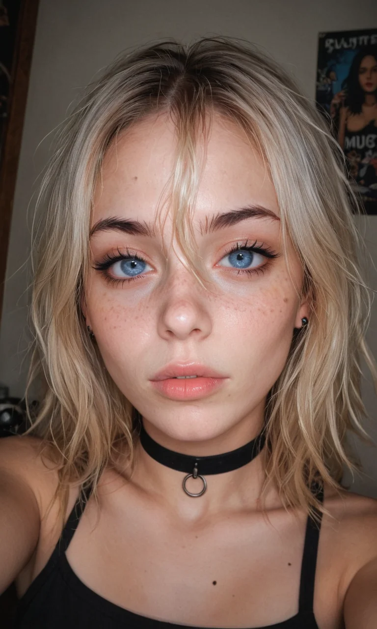 4k selfie with a crazy expression, goth girl, deep focus, split-diopter lens, focus on her eyes, choker, cluttered bedroom, posters on walls, warm lighting, long shaggy blonde, bangs between eyes, dark blue eyes, freckles, blush, natural lips, natural eyes, messy hair, black eyebrows, piercings, tattoo, taking a selfie, bent forward,
