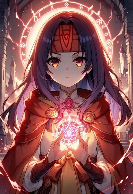 score_9,score_8_up,score_7_up, source_anime, 
Cowboy shot, conjuring magic,glowneon,glowing,
sparks,lightning,c0l0urgl0w,
1girl, solo, confident, sanaki, headband, indoors, castle, petite, small breast, portrait, upper body, close mouth,Her outfit glows with red runes. glowing magic runes in the air,Glowing Rune Circle,