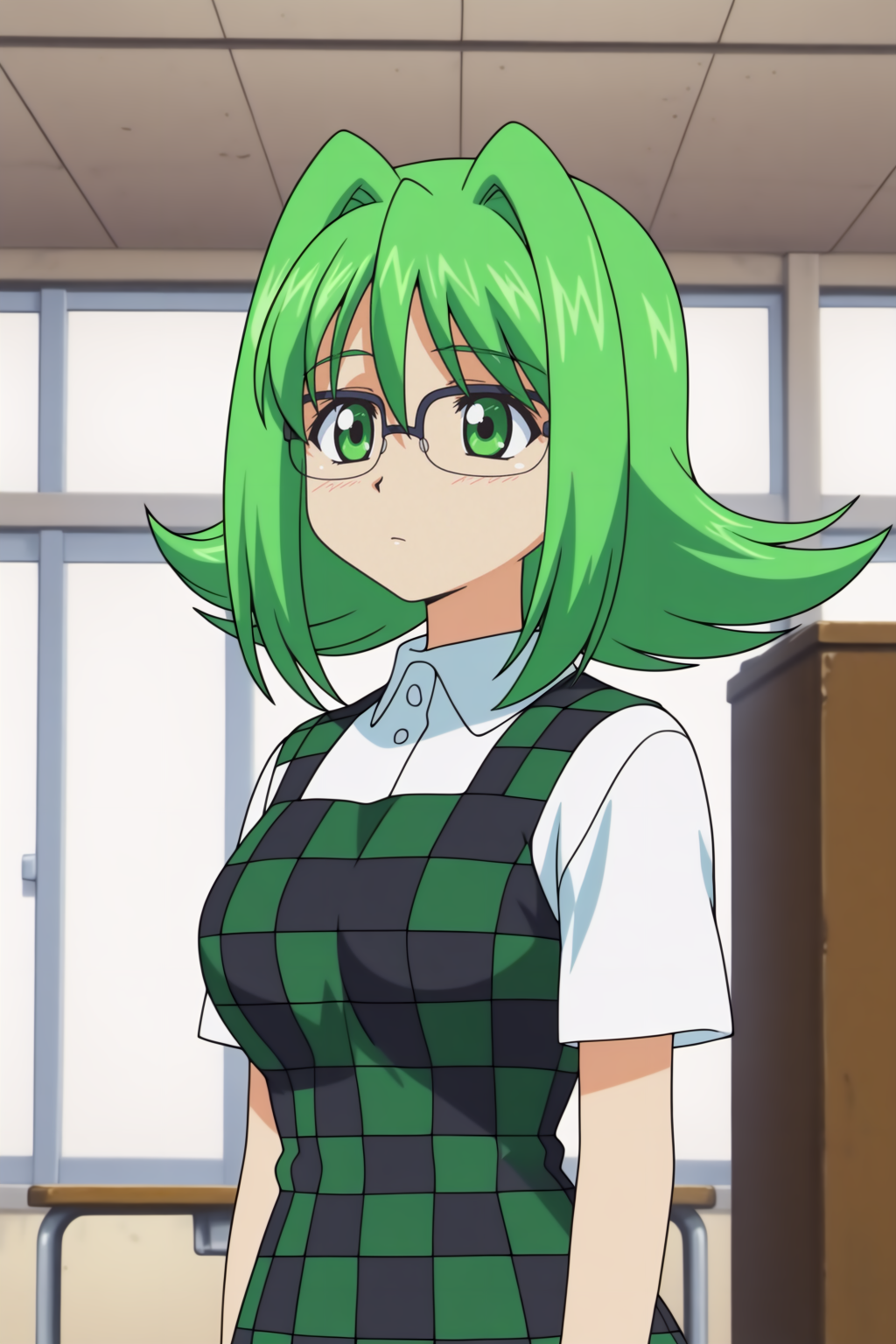 Teacher, newest, anime coloring, checker dress, glasses, white shirt <lora:Eiken-Teacher-illustrious:0.8>