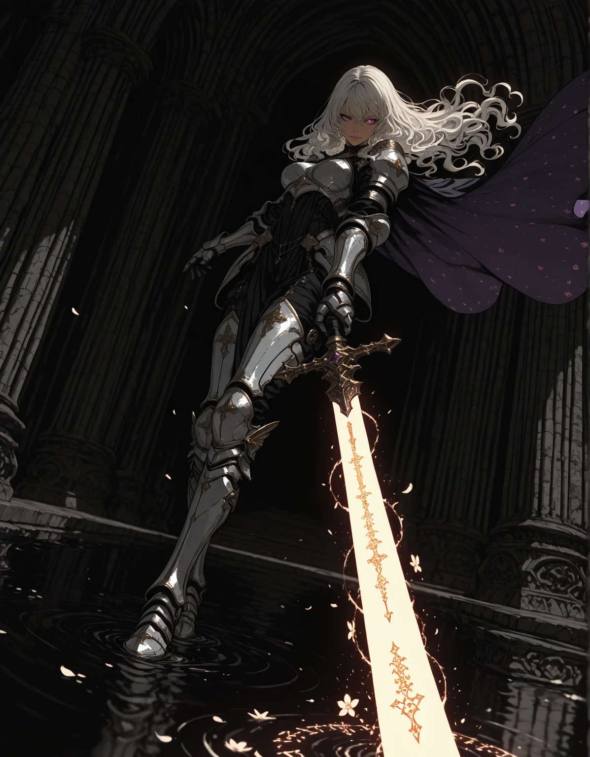 masterpiece, best quality,high quality, newest, highres,8K,HDR,absurdres, 1girl, solo, long wavy hair, heterochromia, purple eyes, enchanted sword, floating petals, silver armor, intricate patterns, ethereal glow, holding sword, armored gauntlets, high fantasy, flowing cape, standing on water, floral motifs, blue and gold palette, celestial symbols, moonlit background, misty environment, depth of field, dramatic lighting, mystical aura, detailed background, dynamic pose, foreshortening, fantasy illustration, glowing runes, limited palette, elegant battle stance, cinematic shot., detailed background, dynamic pose, dynamic composition,dutch angle, detailed backgroud,foreshortening,blurry edges, <lora:iLLMythSmo0thL1nes:1> Smo0thL1nes