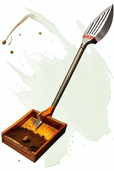 metal shovel, dark wood handle, 1 shovel, spade, spade graden shovel,