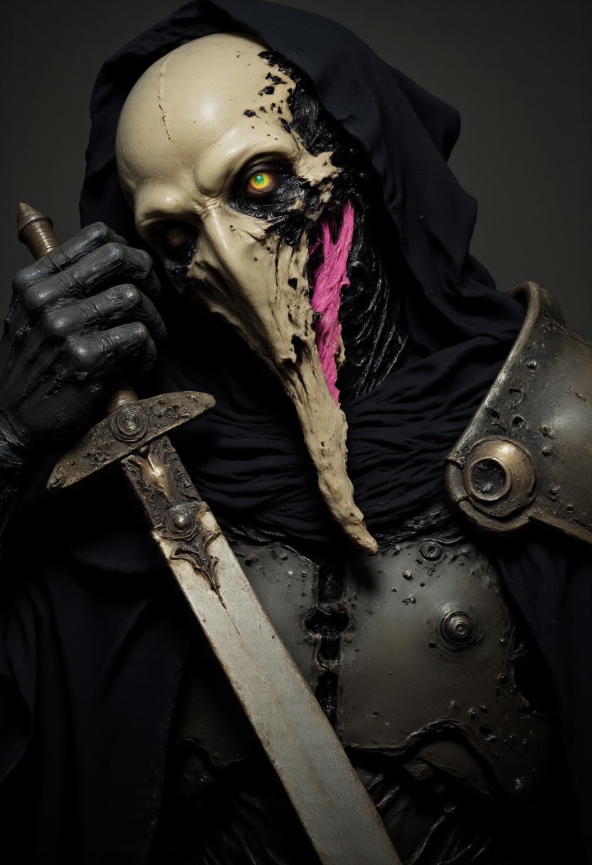 Cyber-Lich Warlord: A Dystopian Death Mask – Dark Digital Painting – A close-up, hyper-detailed portrait of a cybernetic death soldier, his grinning skull partially obscured by the tattered hood of a battle-worn black robe. The exposed bone is cracked and weathered, reinforced with cybernetic implants and grafted metal plating, the remnants of a soldier long past human. Faint neon-pink data streams flicker across the surface of his skull, like ghostly war memories playing on loop.
His heavy armor is ancient, a patchwork of dented, battle-scarred plating bolted into his frame. The matte black metal is dulled by dust, rust, and dried oil, crisscrossed with deep gashes from past conflicts. Fiber-optic cables, frayed and exposed, snake across his chest, pulsating weakly as if barely keeping his decayed form operational. A cracked tactical display flickers over one empty eye socket, scanning the world with cold, calculated efficiency.
Beneath his tattered robe, the faint glow of embedded cybernetics pulses through the grime—an eerie, sickly neon-pink light seeping from vents in his chest plate, casting jagged shadows across his hollow ribcage. His massive gauntlets, plated and reinforced, bear the weight of war; one grips the hilt of a rusted combat blade, its surface blackened and chipped, while the other crackles faintly with energy, artificial sinews barely holding his form together.