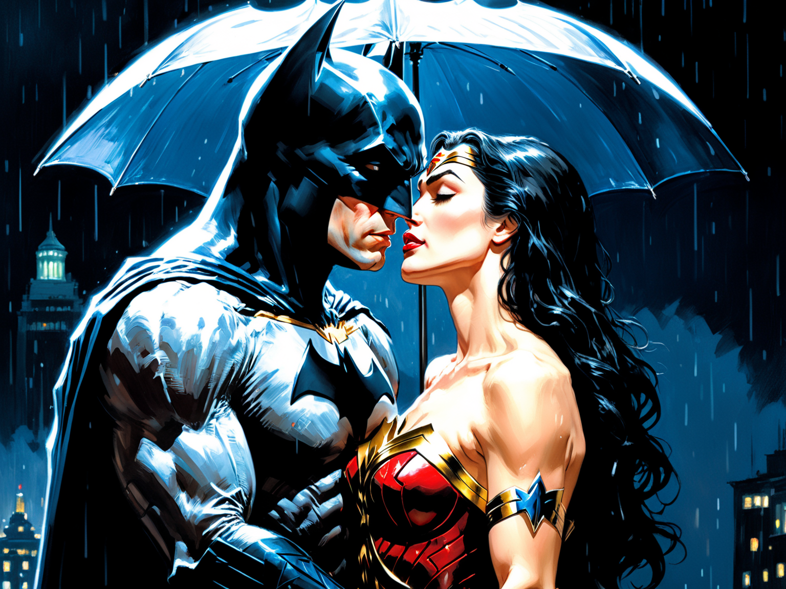 Wonder woman kissing batman, in the rain, night scene, art by Makoto Shinkai, art by J.C. Leyendecker, batumbrella
pastel color
<lora:xl_more_art-full_v1:1>