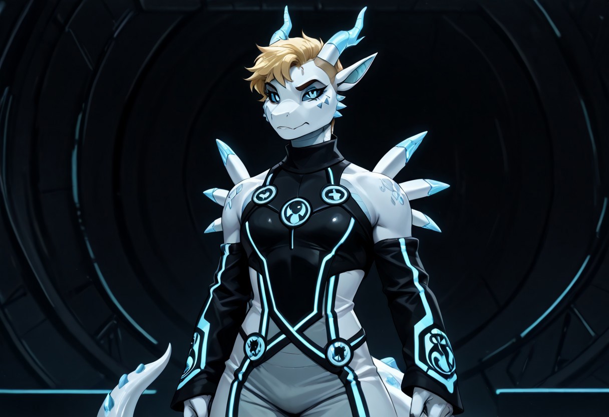 renamon with light dragon features standing in a allyway, lizardfolk, anthro lizard, slit pupil, scales, tail, pale belly, horns, big horns, crest, blonde hair, short hair, hybrid, scales, white scales, horns, blue crystal horns, tail,, RenamonSDXL, tr0n, {color} neon trim, {color} outfit