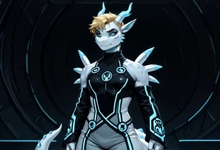 renamon with light dragon features standing in a allyway, lizardfolk, anthro lizard, slit pupil, scales, tail, pale belly, horns, big horns, crest, blonde hair, short hair, hybrid, scales, white scales, horns, blue crystal horns, tail,, RenamonSDXL, tr0n, {color} neon trim, {color} outfit