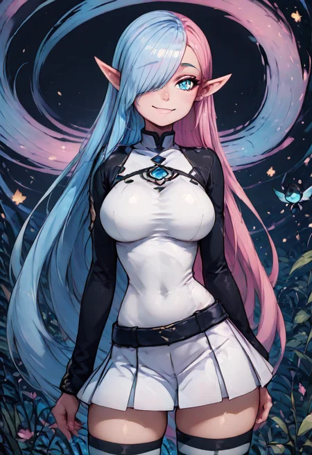 masterpiece, best quality, solo, curvy, beautiful eyes, narrow waist, wide hips, 1girl, solo, smile, looking at viewer, foreshortening, close up, anime screenshot, large breasts, zzAstra, aqua eyes, hair over one eye, blue hair, long hair, multicolored hair, pink hair, pointy ears, two-tone hair, very long hair,  shirt, black sleeves, zettai ryouiki, white skirt, pleated skirt, striped thighhighs,   ,<lora:AstraIXL_v2:1.0>,  , smile, looking at viewer, cowboy shot, dynamic pose, abstract background,  <lora:VividIXL_v2:0.7>,