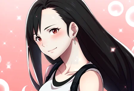 score_9, score_8_up, score_7_up, source_anime, BREAK, solo, 1girl, smile, looking at viewer, <lora:FEA-S-Rank-pdxl_Fp:1>, pink background, sparkle, bubble, <lora:tifa-pdxl-nvwls-v1:1>, defTif, red eyes, black hair, low-tied long hair, earrings, white sports bra, black suspenders, blush,