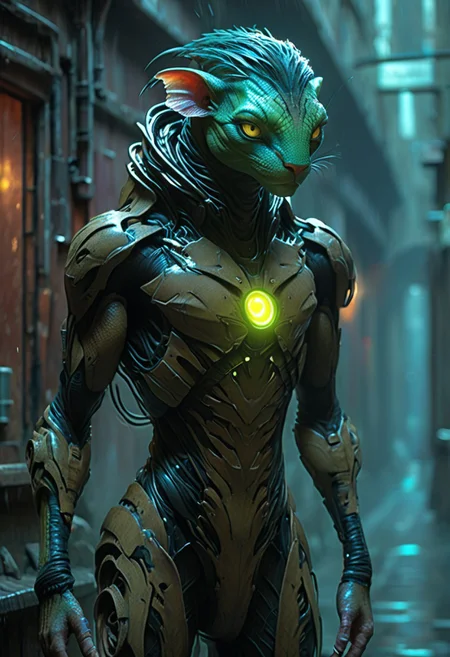score_9, score_8_up, score_9_up, SilverPulse, Fantasy Creature, punk hair, lizard, cat, alien girl, feminime, female, 1girl, four arms, Avatar navi alien with purple skin, bal, big eyes, medium breast, red trench coat, running on the top of train, yellow train, cyberpunk city, night, neon light, rainy, dynamic view, dynamic pose, super wide angle shot, extreme perspective,