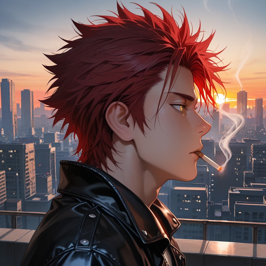 masterpiece, best quality, amazing quality, absurdres, newest, detailed background, definition so sharp, Ultra-HD, 8K cinematic, very awa, impressionate, amazing quality, highres, 
solo, male focus, manly, 
1boy, spiked hair, short hair, mikoto_red hair, mikoto_yellow eyes, mikotosuoh, profile, looking away, thoughtful expression,casual wear, leather jacket, rooftop, city skyline, sunset, wind, cigarette, smoke, deep in thought, powerful aura, silent threat