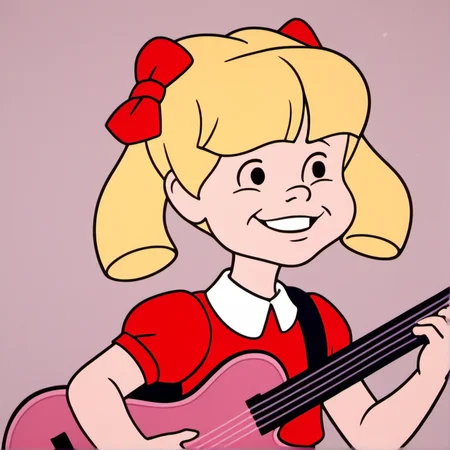 score_9, score_8_up, score_7_up, 1girl, solo, cindyb, child, playing guitar, blonde hair, black dot eyes, short sleeves, red dress, bows, big smile, face focus, <lora:Cindy_Brady:1>, detailed face, paisley background,