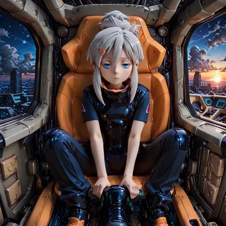 (clear photo style illustration,score_9,masterpiece,best quality,extremely detailed,clear depiction:1.2),(detailed background,high contrast,soft coloring,highres, absurdres, ultra-detailed face, beautiful face),
1person,solo,
Figure,
gundam_gquuuuuux_deux_murasame,
Blue eyes, white eyelashes,jitome,single hair bun,freckles on face,gray hair,thin,skinny,flat chest, black Pilot suit,hair clip,face at viewer,
sitting on Psycho Gundam cockpit,grip console,(sunrise, sci-fi city background, full body),