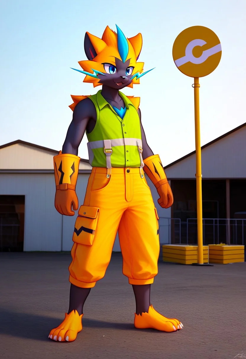 (((Barefoot furry character, full body, cinematic setting, furry male, plantigrade))) 
(((Zeraora))) dressed as (((construction worker))), standing before (((building in construction))), (((wearing green shirt with long sleevesm, orange reflex vest, brown gloves and long brown working trausers))), holding blueprints, orange protective helmet on head. semi-realistic animation
BREAK, intricate details, highly detailed, extreme detail, octane render, fine art, best quality, highres, (detailed face:1.5), ((full_body)), UHD, (((perfect hands))), ((low light:1.5))