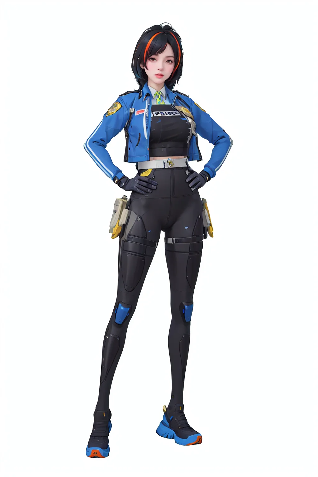 8k, best quality, masterpiece, (ultra-detailed), (high detailed skin),
(full body:1.25), (white background:1.4), (simple background), standing, looking at viewer, (solo:1.2), hands on hips,
<lora:zhuyuan-sd-Tanger:0.75>, zhuyuan, default clothes, Police combat uniforms, 1girl, multicolored hair, black hair, blue jacket, gloves, streaked hair,
