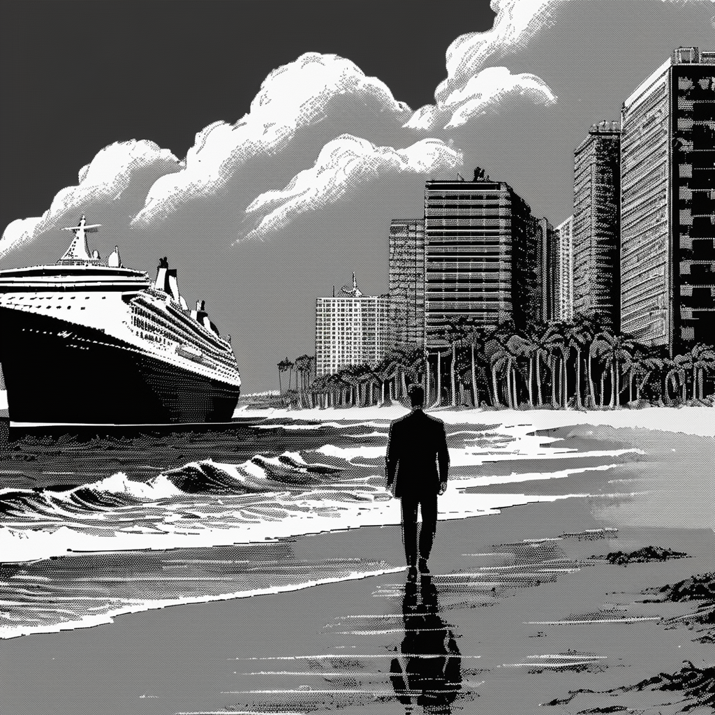 <lora:Macpaint-XL-000015:1>, Macpaint, a black and white pixel image of a man standing on the beach with waves and a cruiseship in the background and clouds, pixel art, best quality, masterpiece, dithering, intricately detailed
