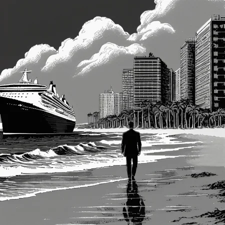 <lora:Macpaint-XL-000015:1>, Macpaint, a black and white pixel image of a man standing on the beach with waves and a cruiseship in the background and clouds, pixel art, best quality, masterpiece, dithering, intricately detailed