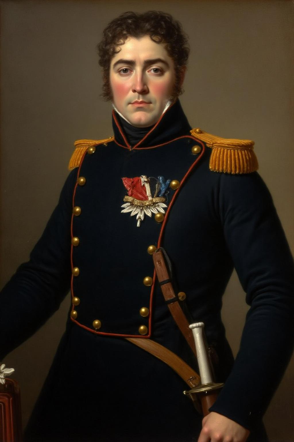 jldavid1 painting.
A man in a formal military uniform. He has curly, dark hair and a stern expression, is depicted from the chest up. He wears a dark blue military coat with gold epaulettes on both shoulders, indicating high-ranking military status. The coat is adorned with numerous buttons, some of which are visible, and has a high, stiff collar. A large, intricate badge featuring a red and white emblem is prominently displayed on the left side of his chest, secured by a black ribbon. A sword with a white handle and a brown scabbard hangs from his left side, resting diagonally across his body. <lora:jldavid1_cap_d6a3:1.0><lora:815775097664142027:0>