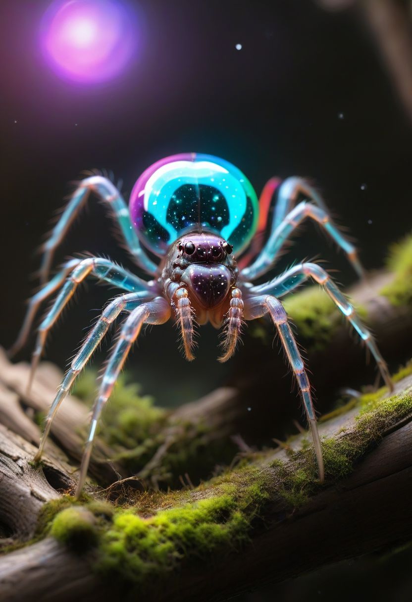 macro, fill the frame, from the side, photorealism, extremely detailed, best quality,
A transparent neon glass crystal spider, hairless, 8legs, glowing internally with a multicolored florescent galaxy of stars, swirls of light shine within, large bulbous abdomen, abdomen focus,
on a mossy log, dark background,
zavy-flrscnc,