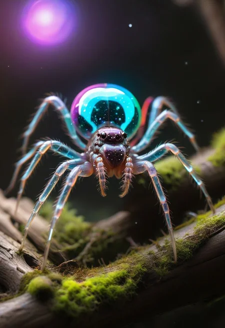 macro, fill the frame, from the side, photorealism, extremely detailed, best quality,
A transparent neon glass crystal spider, hairless, 8legs, glowing internally with a multicolored florescent galaxy of stars, swirls of light shine within, large bulbous abdomen, abdomen focus,
on a mossy log, dark background,
zavy-flrscnc,