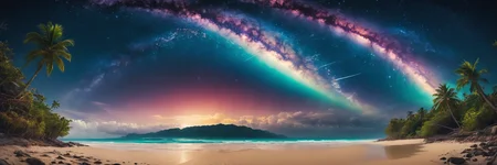 an incredible view of a tropical beach at night, milky way in the sky, a few clouds, palm trees, epic lights, incredible colors, extreme details