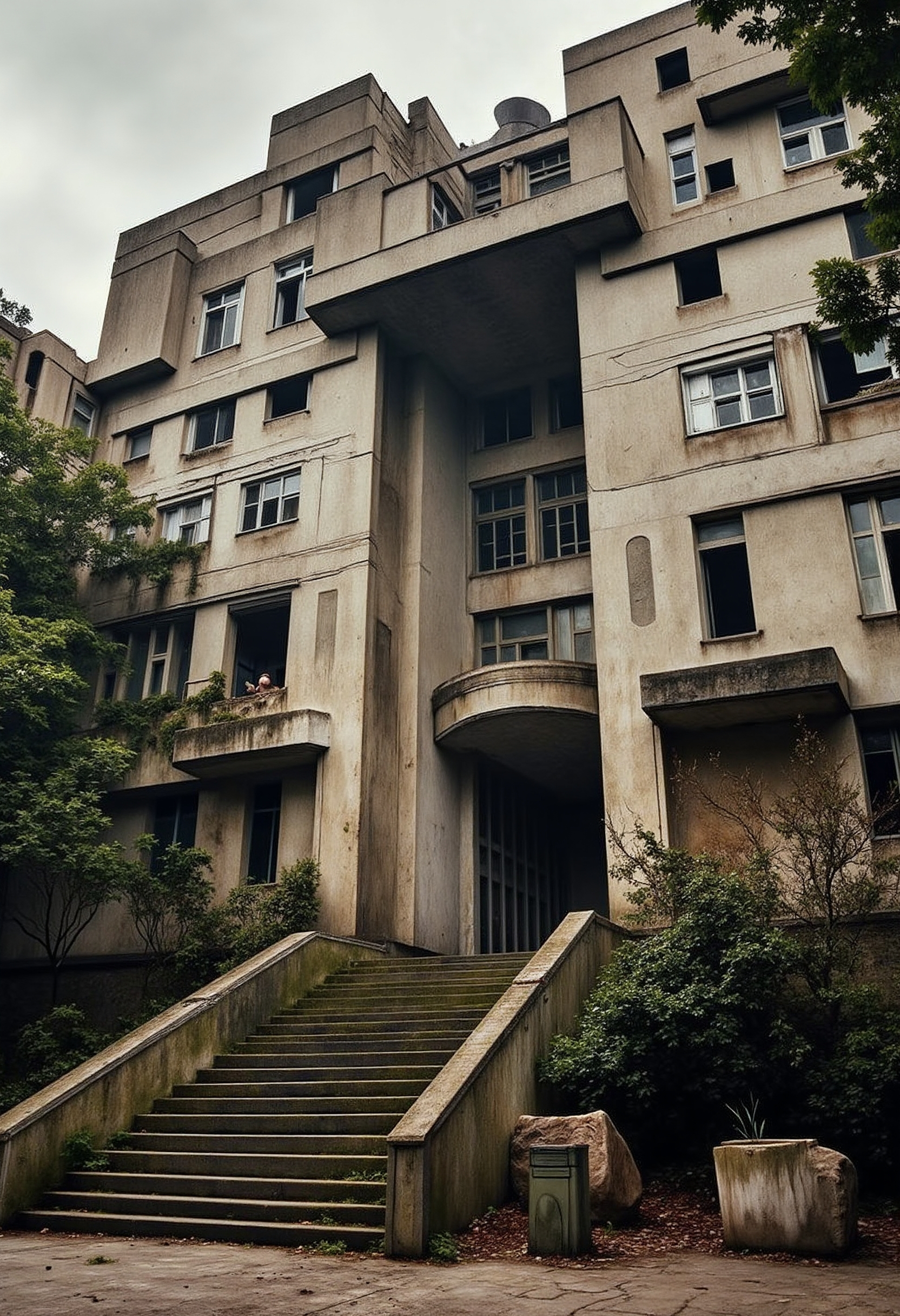 A brutalist tall building lost in the jungle. Its walls are moldy and decayed, and in some places the facade has fallen. Some antennas are visible on the top of the building but they are covered by intertwining ivy.