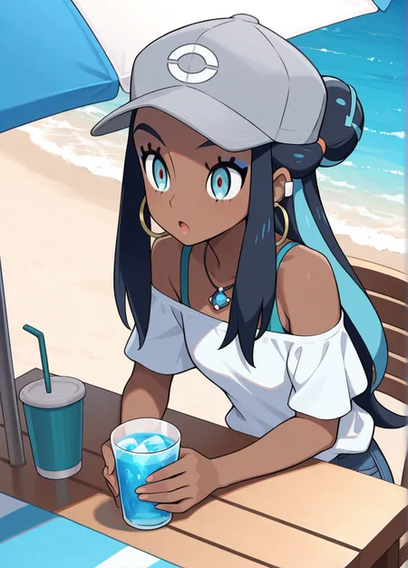 masterpiece, best quality, amazing quality, very aesthetic, absurdres, newest, 4k, 8k, outdoors, official style, screencap, dynamic angle,
nessaxd, long hair, blue eyes, eyelashes, dark-skinned female, dark skin, earrings, jewelry, hoop earrings, makeup, blue eyeshadow, eyeshadow, multicolored hair, two-tone hair, black hair, hat, necklace, blue eyes, long hair, pokemon (creature), blue hair, water, table, grey headwear, sidelocks, alternate costume, 1girl, open mouth, cup, shirt, eyelashes, off-shoulder shirt, single hair bun, off shoulder,
<lora:Nessa_-_Pokemon_Illustrious:1>