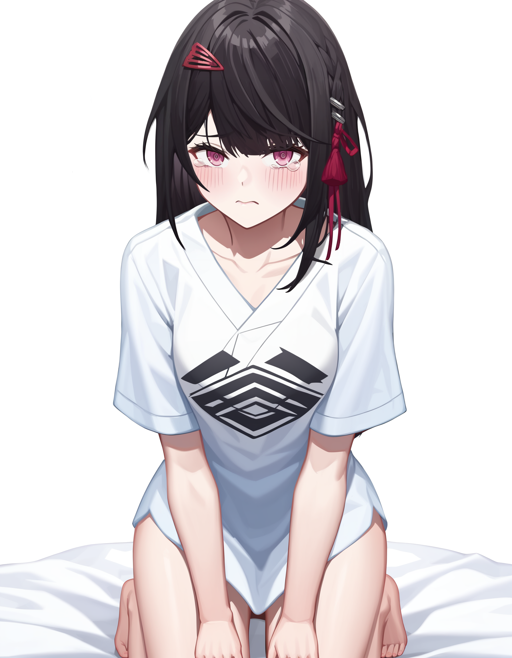 score_9,score_8_up,score_7_up,(oversized_shirt:1.2),white background,looking_at_viewer,simple background,
<lora:yanzhen_pony:0.8>,glcyanzhen,1girl,solo,hair ornament,long hair,bangs,pink eyes,black hair,anime screencap,thighs,kneeling,tearing_up,sulking,front view,<lora:Anime_Screencap:1>,