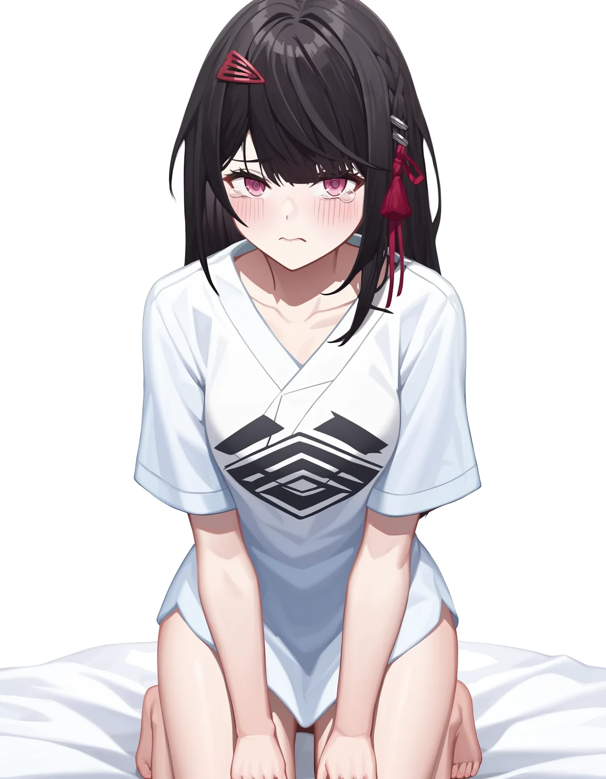 score_9,score_8_up,score_7_up,(oversized_shirt:1.2),white background,looking_at_viewer,simple background,
<lora:yanzhen_pony:0.8>,glcyanzhen,1girl,solo,hair ornament,long hair,bangs,pink eyes,black hair,anime screencap,thighs,kneeling,tearing_up,sulking,front view,<lora:Anime_Screencap:1>,