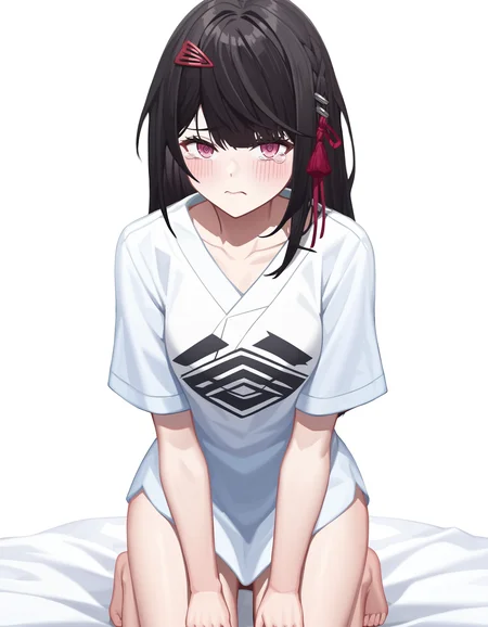 score_9,score_8_up,score_7_up,(oversized_shirt:1.2),white background,looking_at_viewer,simple background,
<lora:yanzhen_pony:0.8>,glcyanzhen,1girl,solo,hair ornament,long hair,bangs,pink eyes,black hair,anime screencap,thighs,kneeling,tearing_up,sulking,front view,<lora:Anime_Screencap:1>,