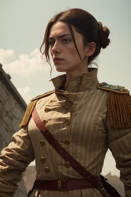 photorealistic, best quality, masterpiece, raw photo of upper body photo, Swordsman woman, soldier of the austro-hungarian empire clothes, double breasted jacket with stripes, extremely detailed eyes and face, long legs, highest quality, skin texture, intricate details, (cinematic lighting), RAW photo, 8k