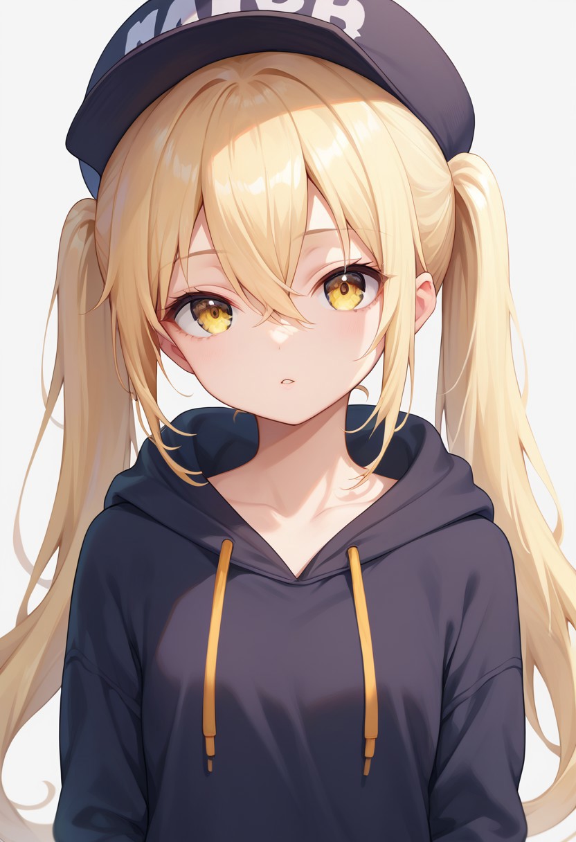 score_9, score_8_up, score_7_up,
1girl, solo, blonde hair, long hair, twintails, hat, parted lips, hair between eyes, bangs, yellow eyes, hoodie, looking at viewer, upper body, simple background,