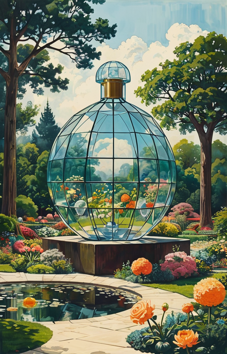 masterpiece,best quality,<lora:tbh367-sdxl:0.6>,illustration,style of Buckminster Fuller
 A bottle of perfume in garden