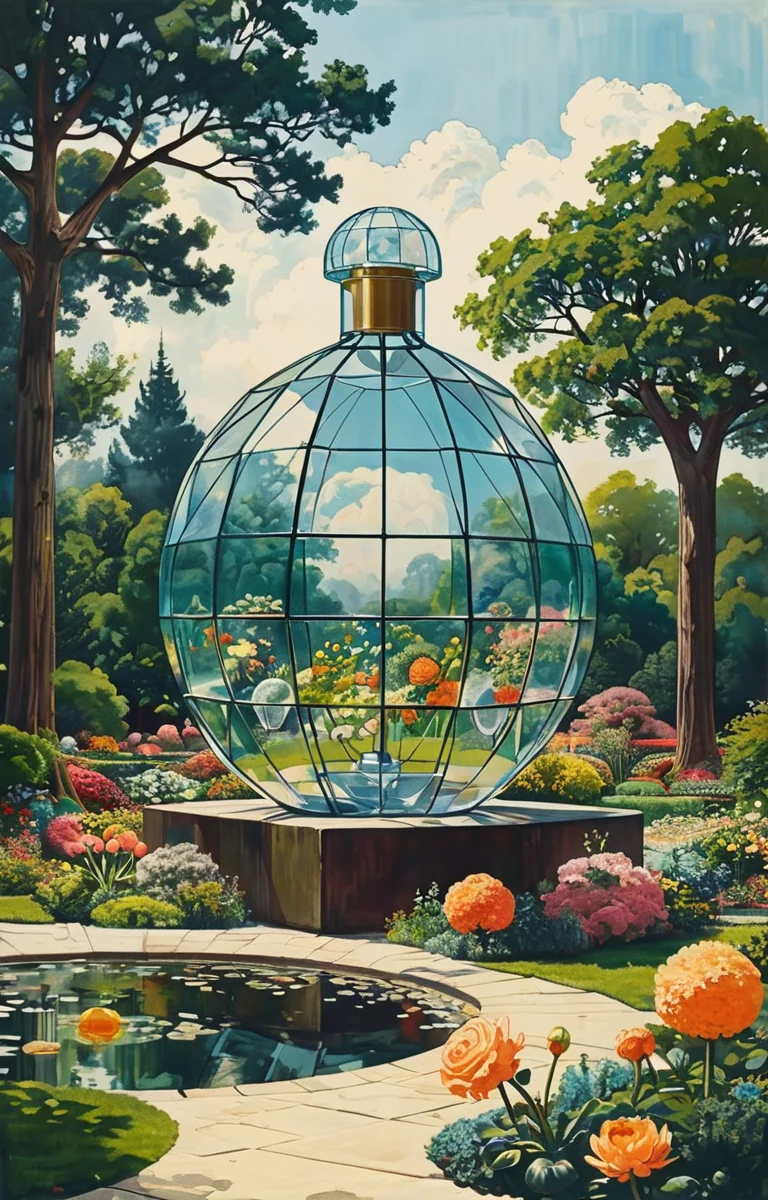 masterpiece,best quality,<lora:tbh367-sdxl:0.6>,illustration,style of Buckminster Fuller
 A bottle of perfume in garden